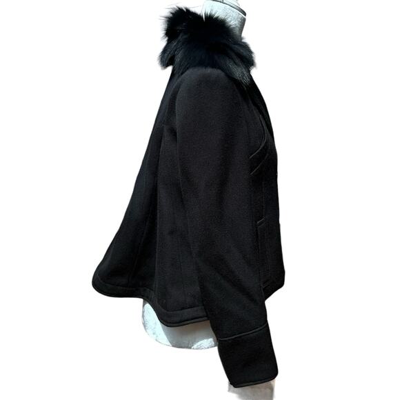 Jenni‎ Kayne Jacket Pea Coat XS Black Wool Fox Fur Collar Crop Silk Designer - Picture 6 of 14